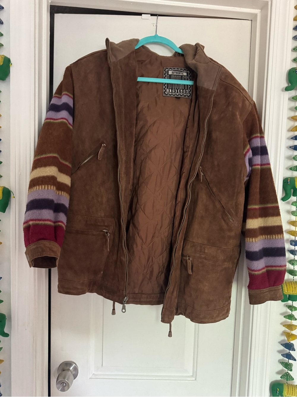 Women’s Brown Suede Jacket with Multicolor Striped Sleeves